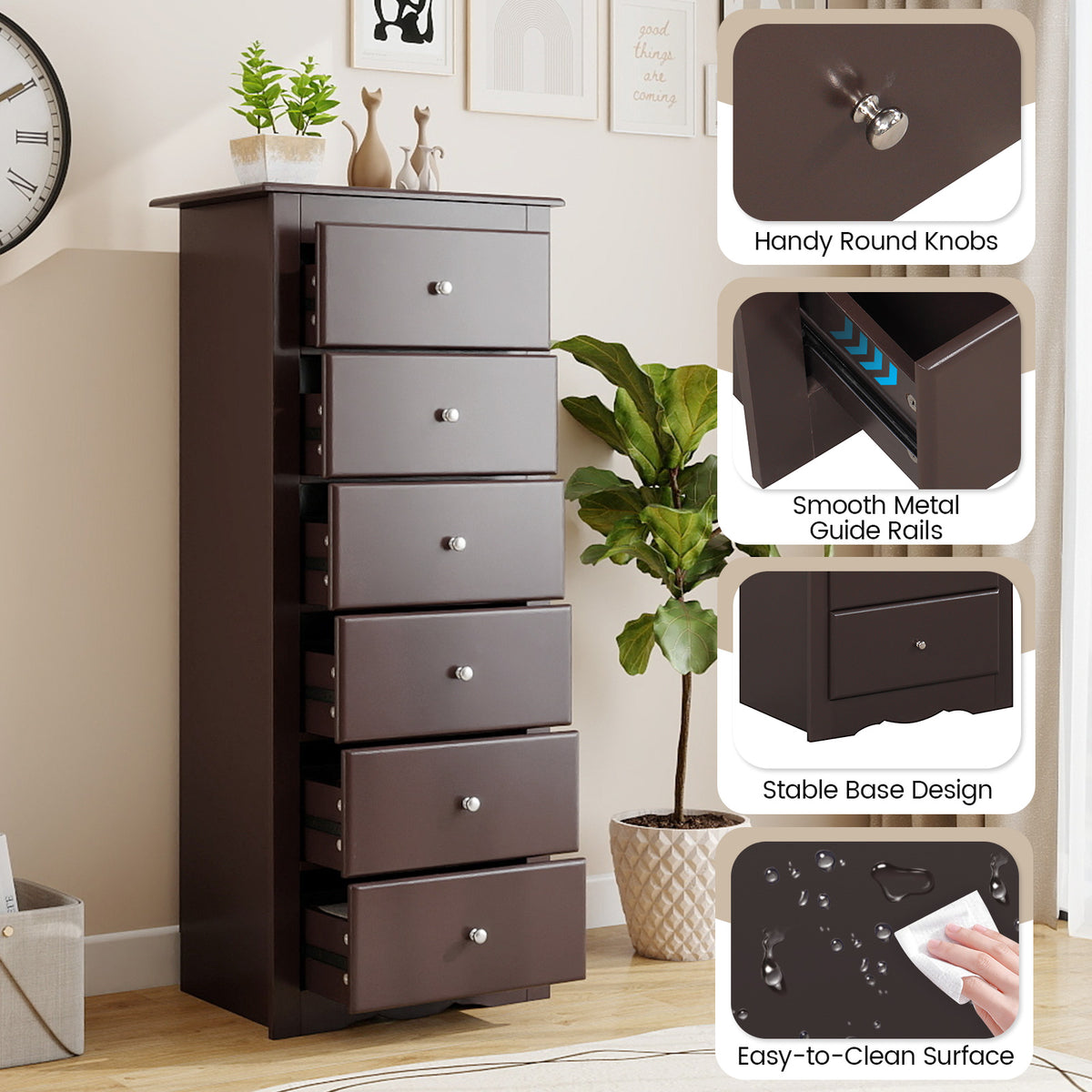 6 Drawer Chest Dresser for Bedroom Storage - Brown