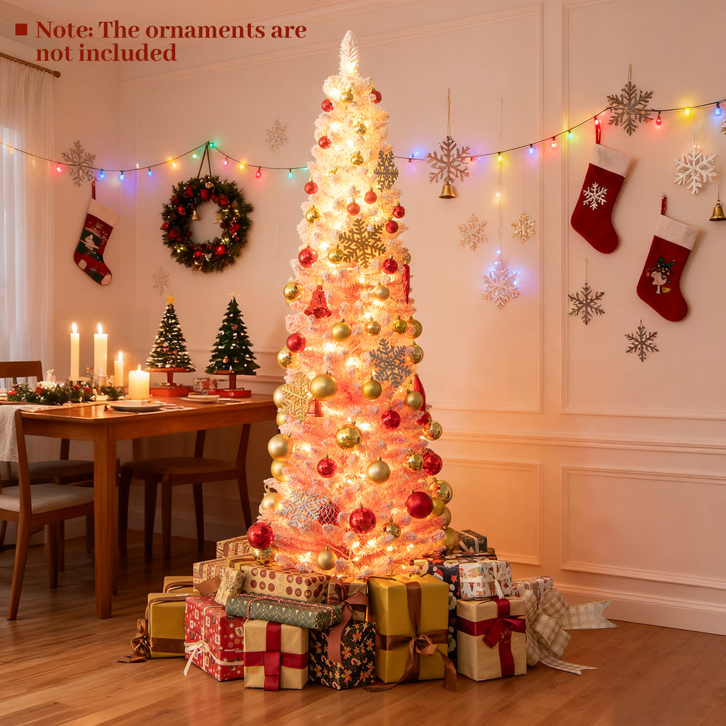 6/7 ft Pink Snow-Flocked Artificial Christmas Tree Pre-Lit Hinged Xmas Tree