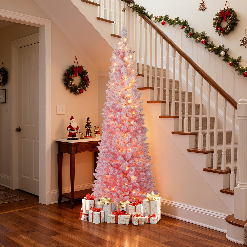 6/7 ft Pink Snow-Flocked Artificial Christmas Tree Pre-Lit Hinged Xmas Tree