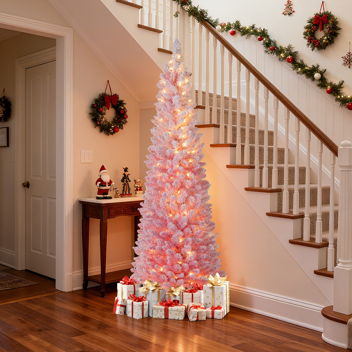 6/7 ft Pink Snow-Flocked Artificial Christmas Tree Pre-Lit Hinged Xmas Tree
