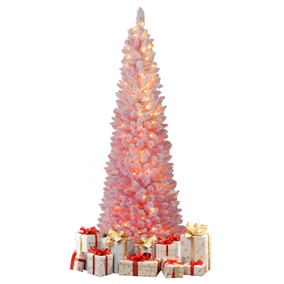 6/7 ft Pink Snow-Flocked Artificial Christmas Tree Pre-Lit Hinged Xmas Tree