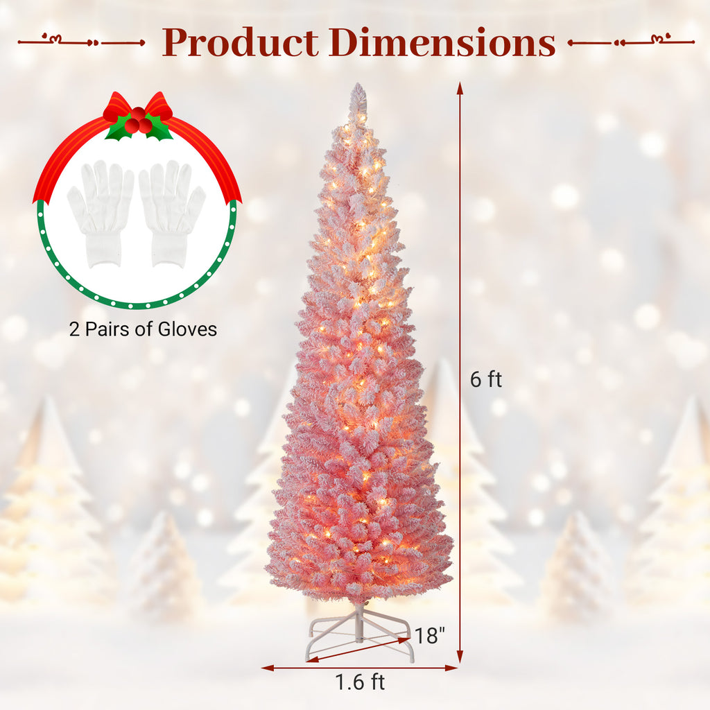 6/7 ft Pink Snow-Flocked Artificial Christmas Tree Pre-Lit Hinged Xmas Tree
