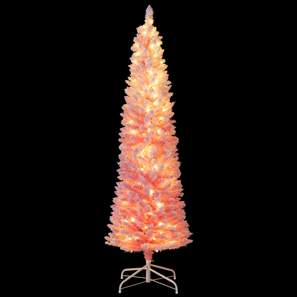6/7 ft Pink Snow-Flocked Artificial Christmas Tree Pre-Lit Hinged Xmas Tree