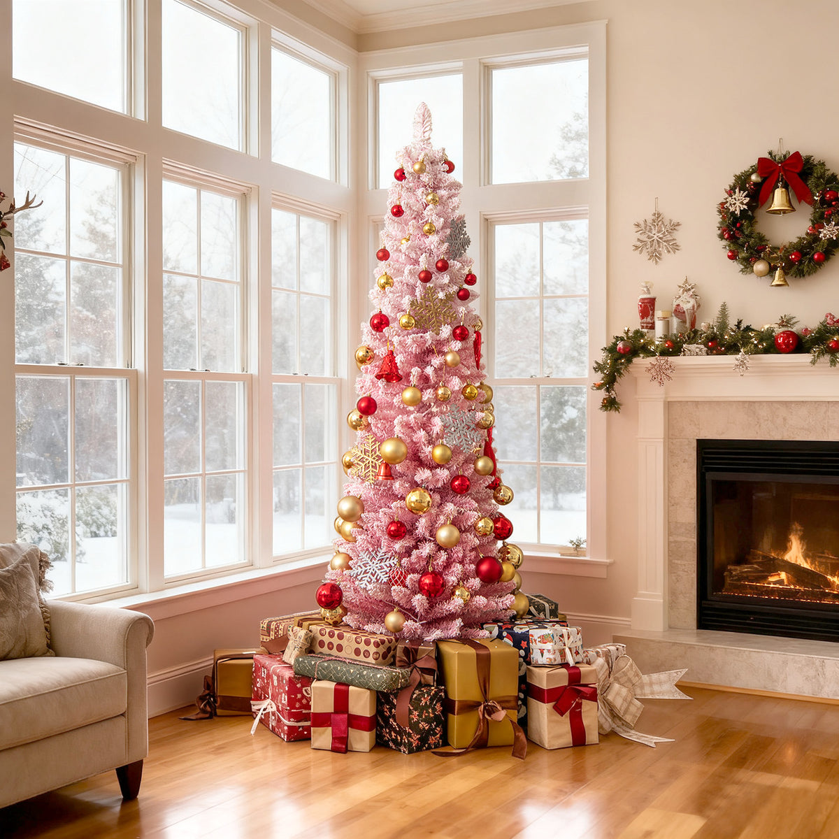 6/7 ft Pink Snow-Flocked Artificial Christmas Tree Pre-Lit Hinged Xmas Tree