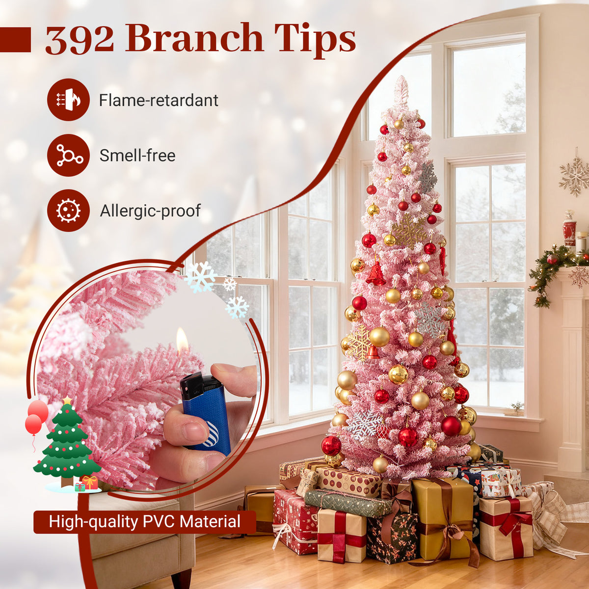 6/7 ft Pink Snow-Flocked Artificial Christmas Tree Pre-Lit Hinged Xmas Tree