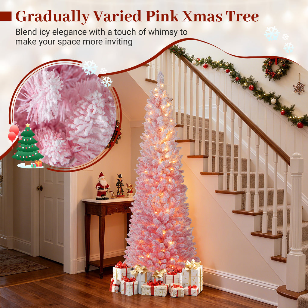 6/7 ft Pink Snow-Flocked Artificial Christmas Tree Pre-Lit Hinged Xmas Tree