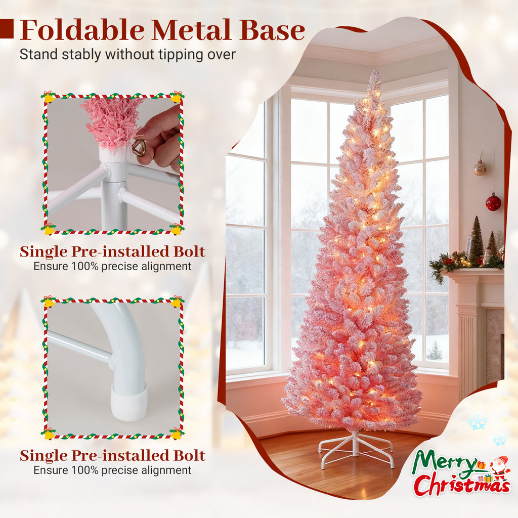 6/7 ft Pink Snow-Flocked Artificial Christmas Tree Pre-Lit Hinged Xmas Tree