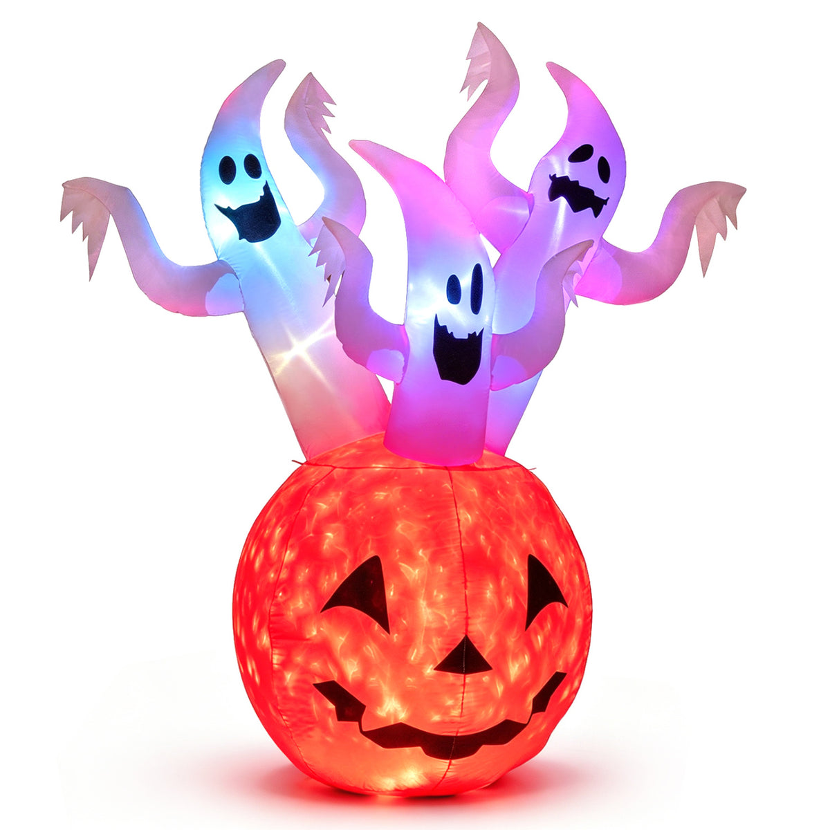 6 Ft Inflatable Ghost Pumpkin with Colorful Lights and Ropes Halloween Decor - Costway