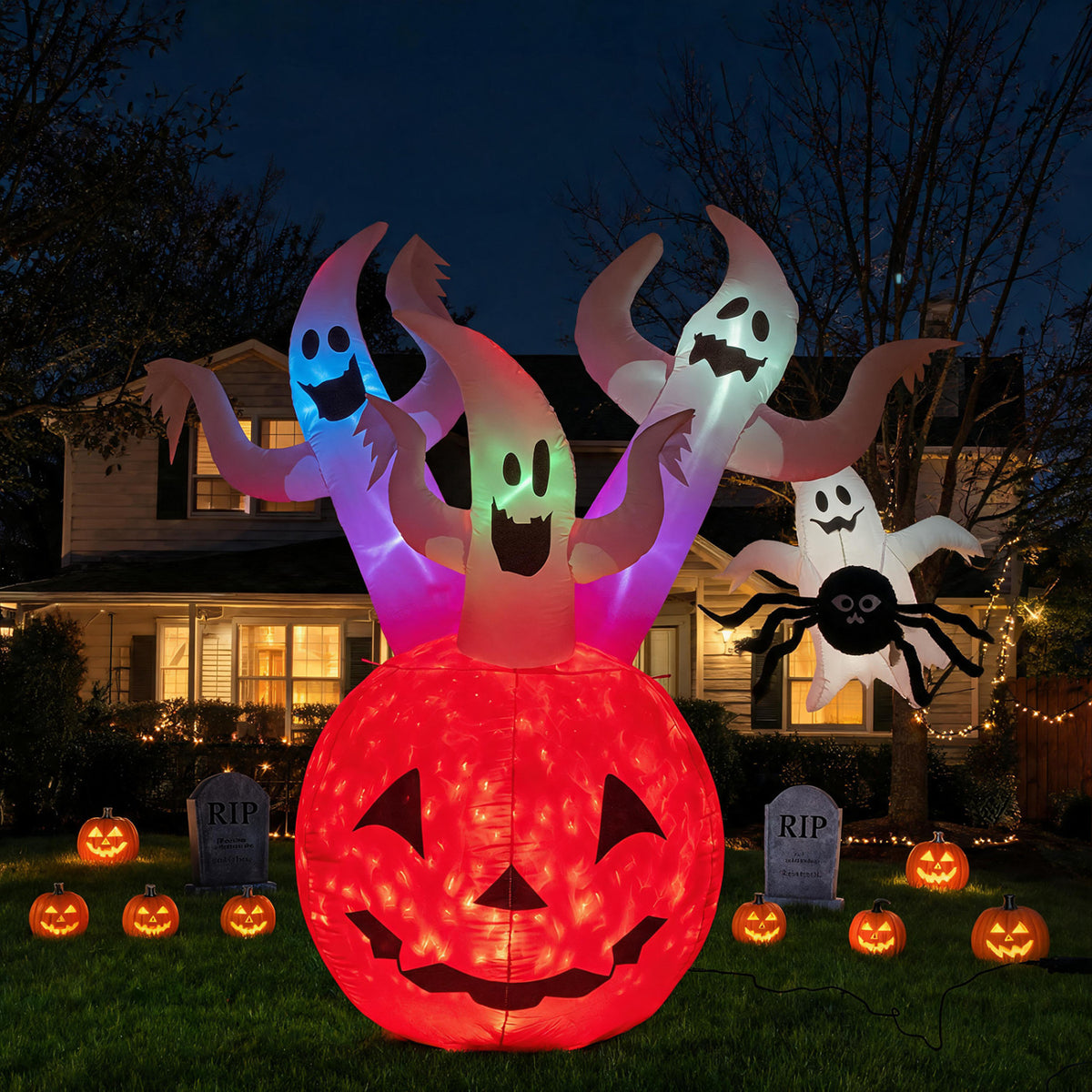 6 Ft Inflatable Ghost Pumpkin with Colorful Lights and Ropes Halloween Decor - Costway