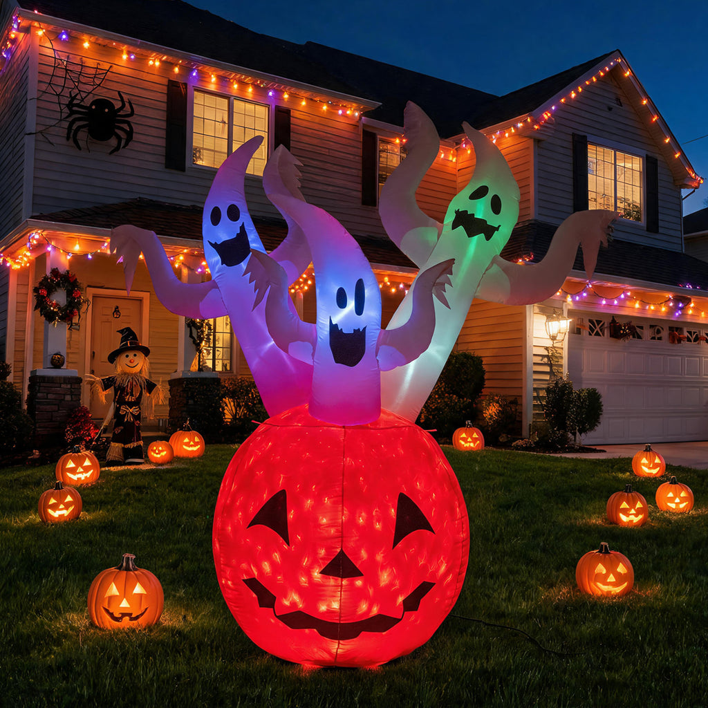 6 Ft Inflatable Ghost Pumpkin with Colorful Lights and Ropes Halloween Decor - Costway