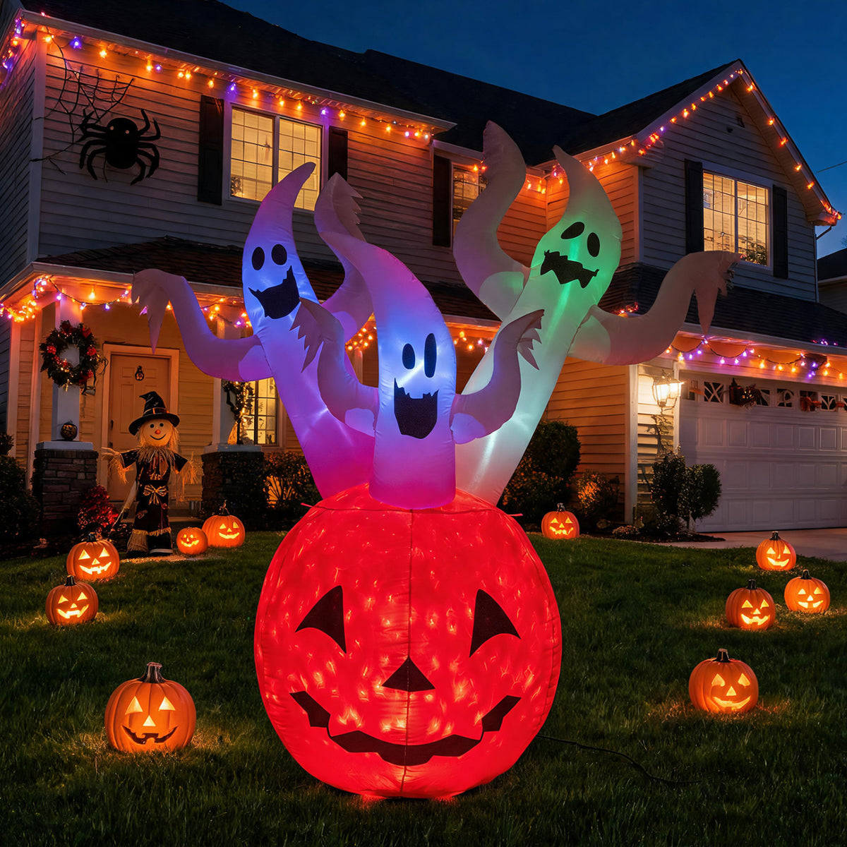 6 Ft Inflatable Ghost Pumpkin with Colorful Lights and Ropes Halloween Decor - Costway