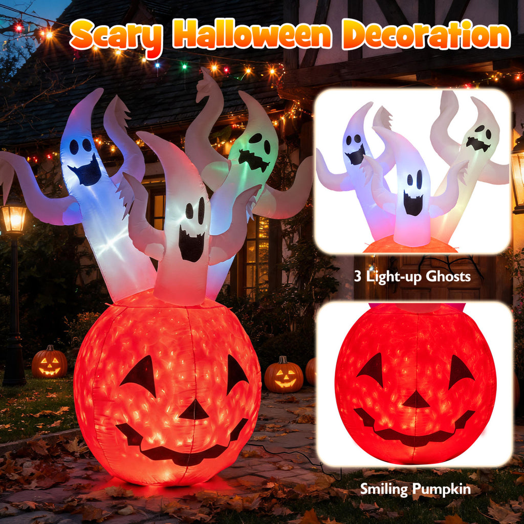 6 Ft Inflatable Ghost Pumpkin with Colorful Lights and Ropes Halloween Decor - Costway