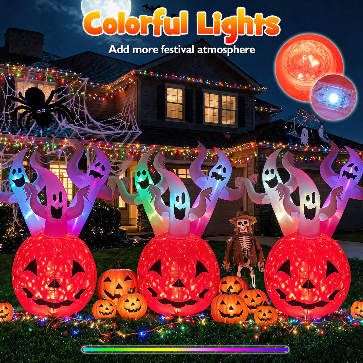 6 Ft Inflatable Ghost Pumpkin with Colorful Lights and Ropes Halloween Decor - Costway