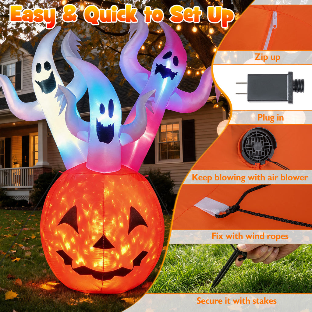 6 Ft Inflatable Ghost Pumpkin with Colorful Lights and Ropes Halloween Decor - Costway