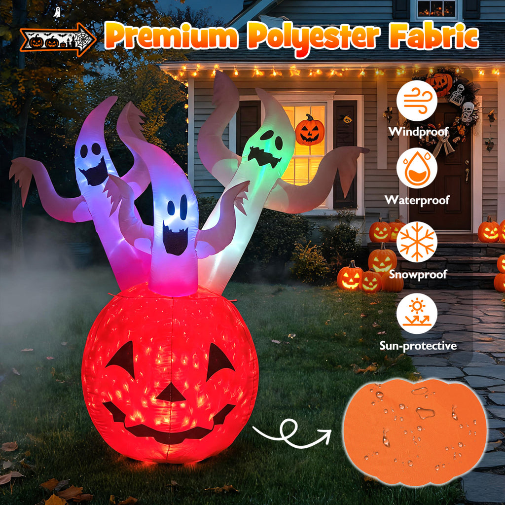 6 Ft Inflatable Ghost Pumpkin with Colorful Lights and Ropes Halloween Decor - Costway