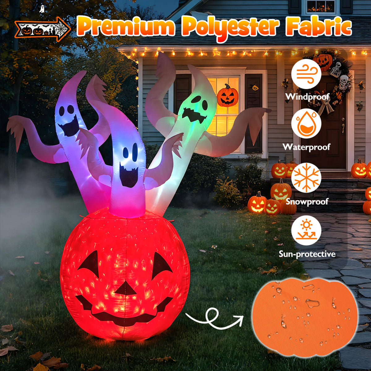 6 Ft Inflatable Ghost Pumpkin with Colorful Lights and Ropes Halloween Decor - Costway