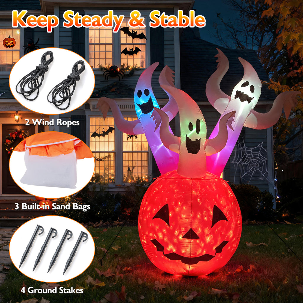 6 Ft Inflatable Ghost Pumpkin with Colorful Lights and Ropes Halloween Decor - Costway