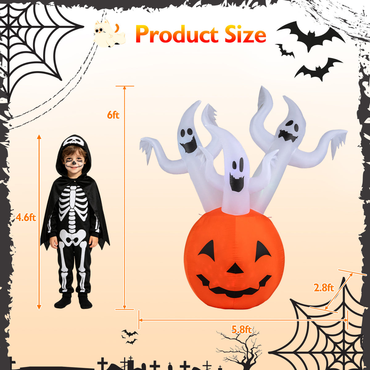 6 Ft Inflatable Ghost Pumpkin with Colorful Lights and Ropes Halloween Decor - Costway