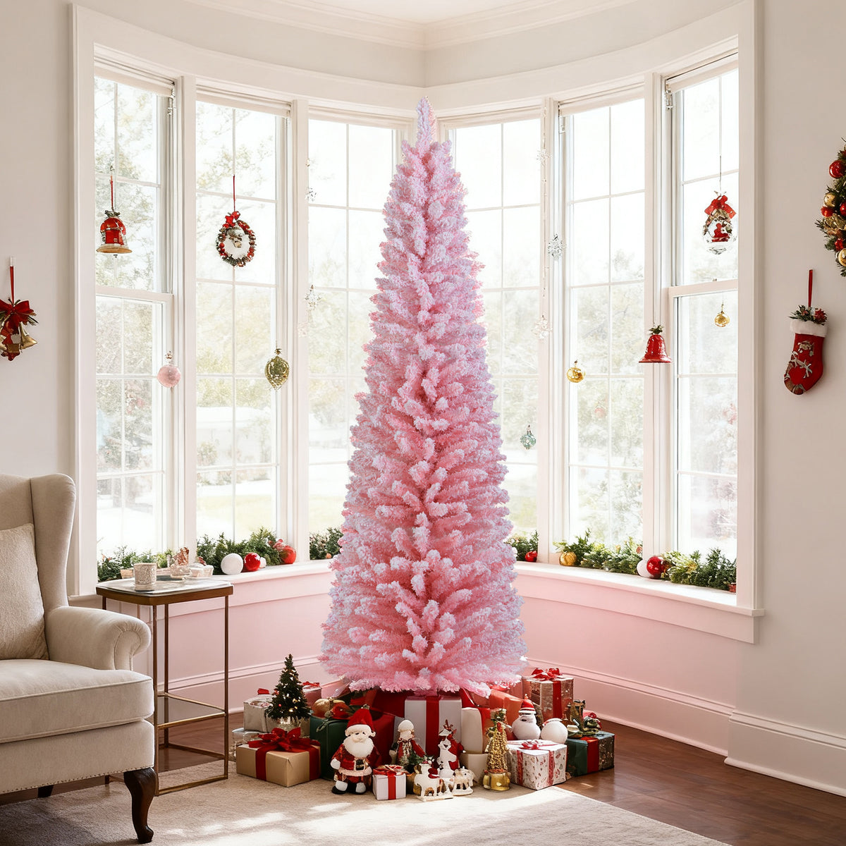 6 FT Artificial Christmas Tree with 460 Branch Tips & Folding Metal Stand - Pink Flocked