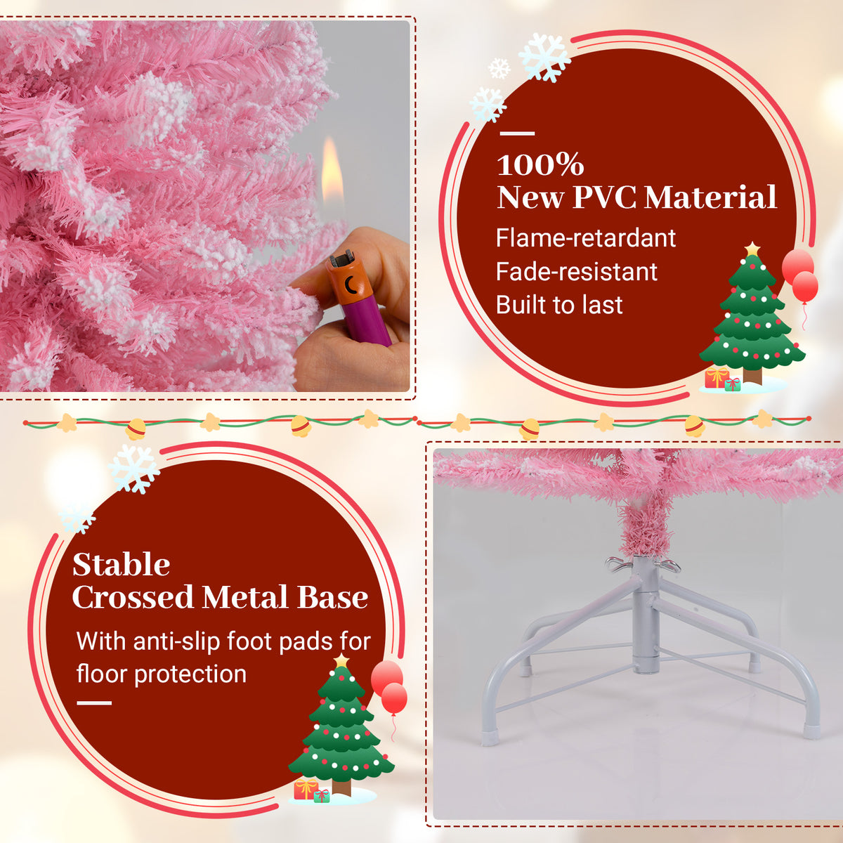 6 FT Artificial Christmas Tree with 460 Branch Tips & Folding Metal Stand - Pink Flocked