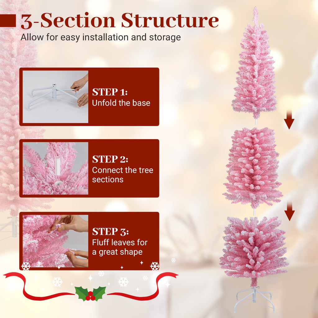 6 FT Artificial Christmas Tree with 460 Branch Tips & Folding Metal Stand - Pink Flocked