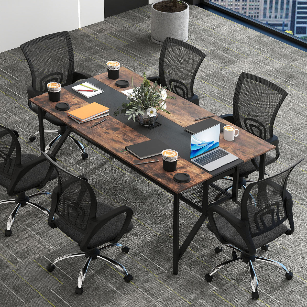 Rectangular Meeting Table 6ft with Mesh Storage Shelf - Rustic Brown