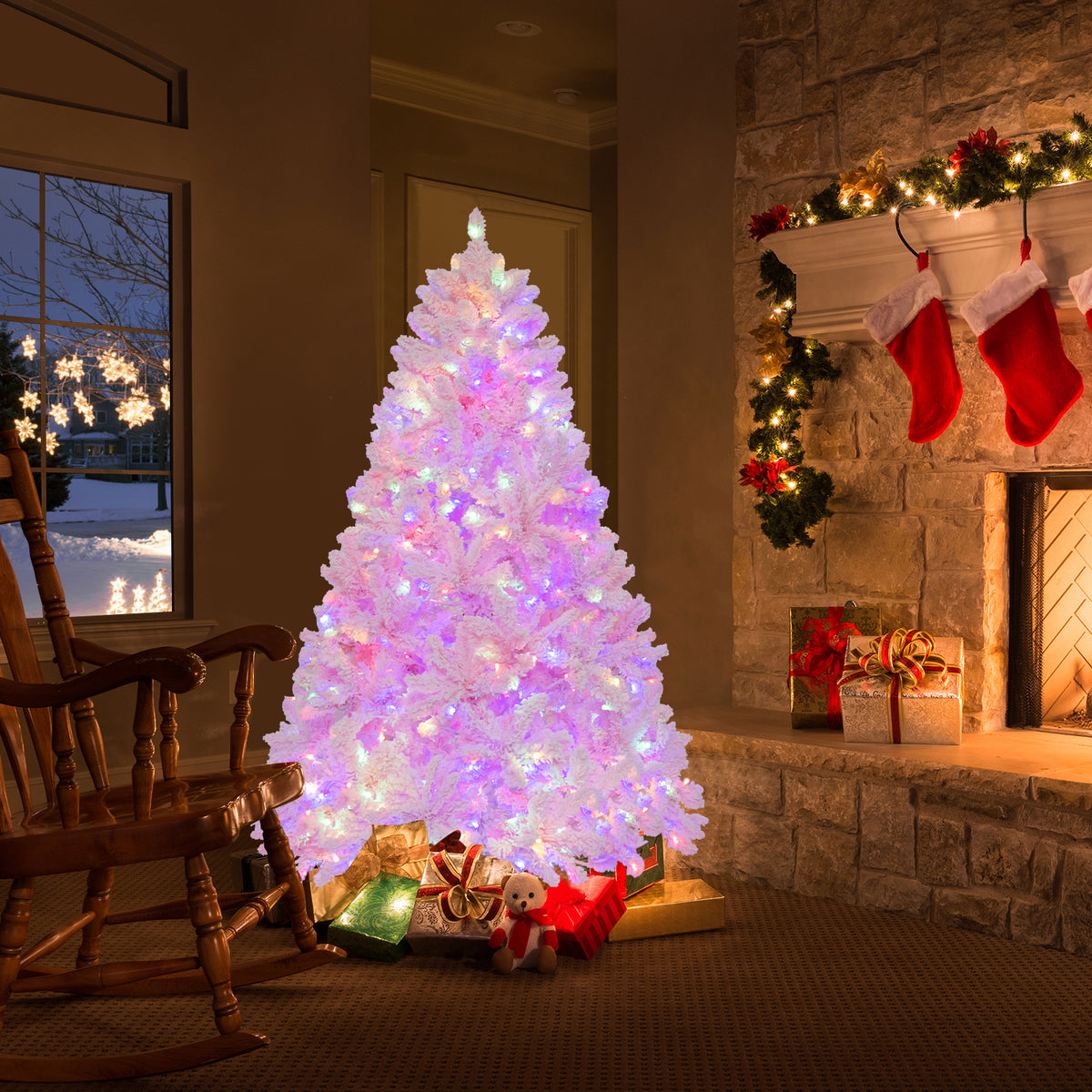6 Ft Flocked Artificial Christmas Tree with 350 LED Lights - Hinged Design