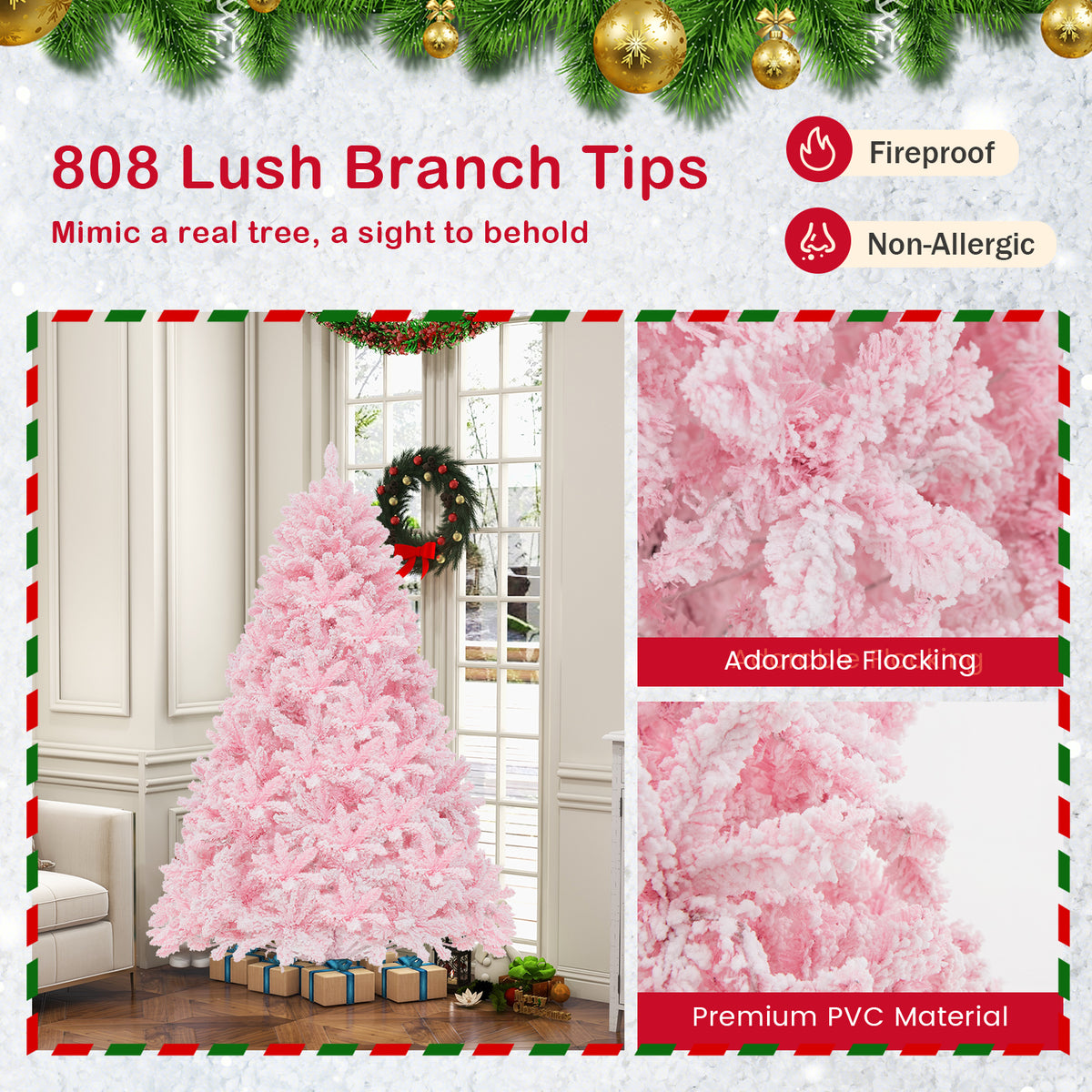 6 Ft Flocked Artificial Christmas Tree with 350 LED Lights - Hinged Design