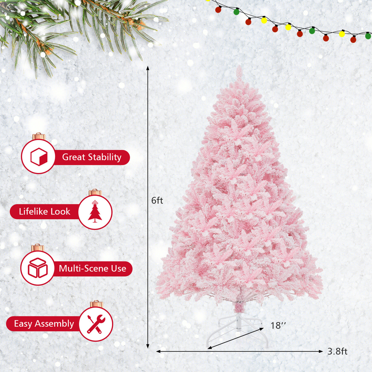 6 Ft Flocked Artificial Christmas Tree with 350 LED Lights - Hinged Design