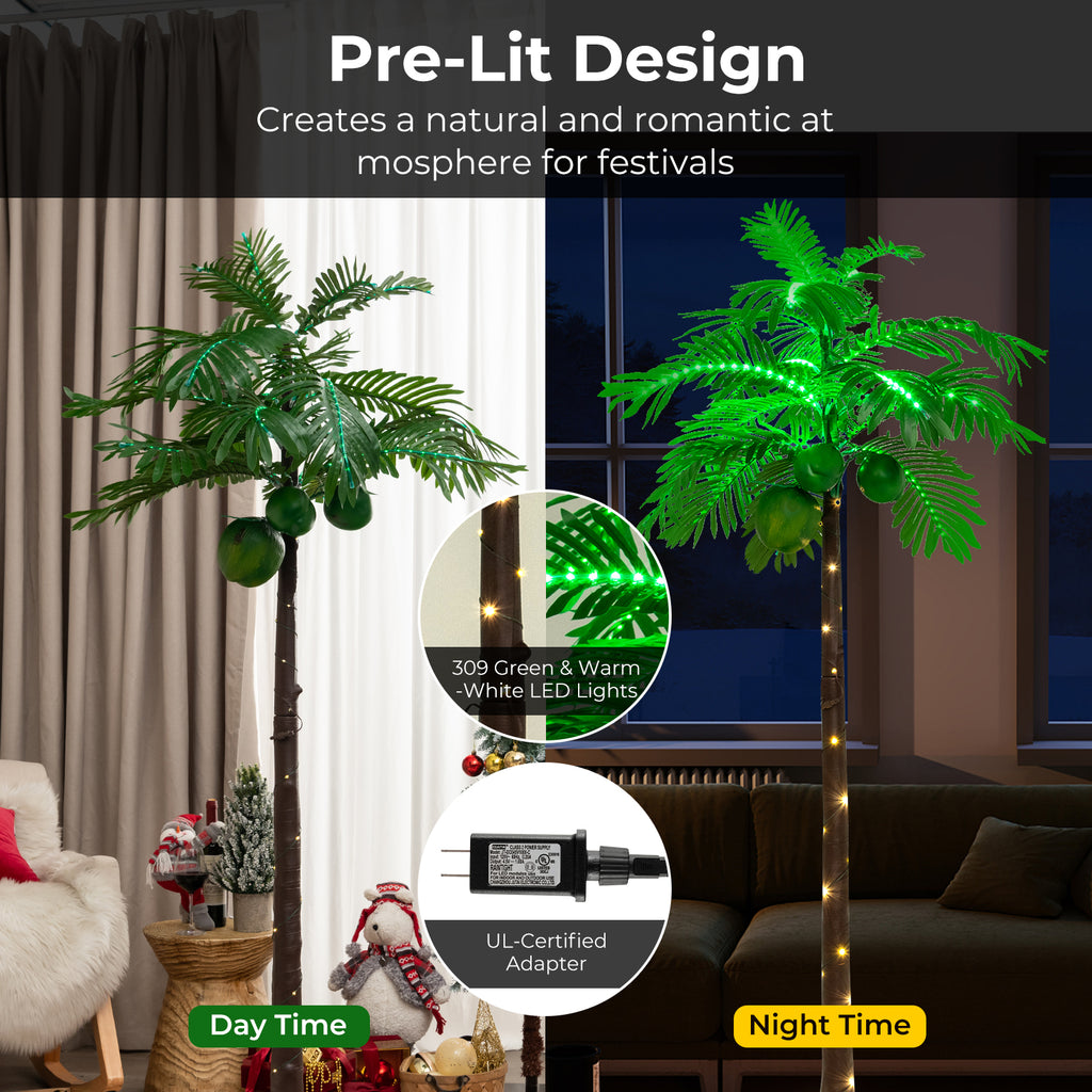 6 Ft LED Lighted Artificial Palm Tree with Water Bag - Tropical Decor