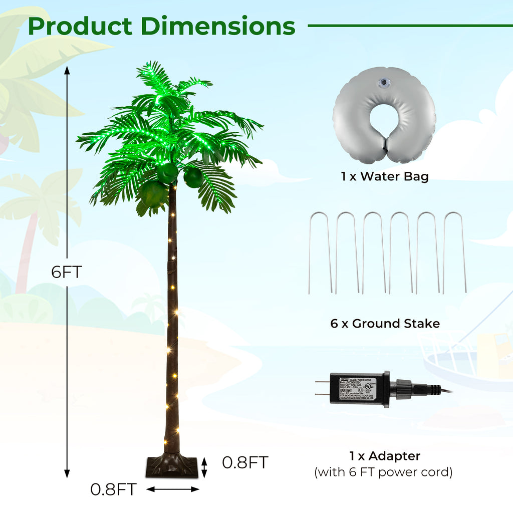 6 Ft LED Lighted Artificial Palm Tree with Water Bag - Tropical Decor