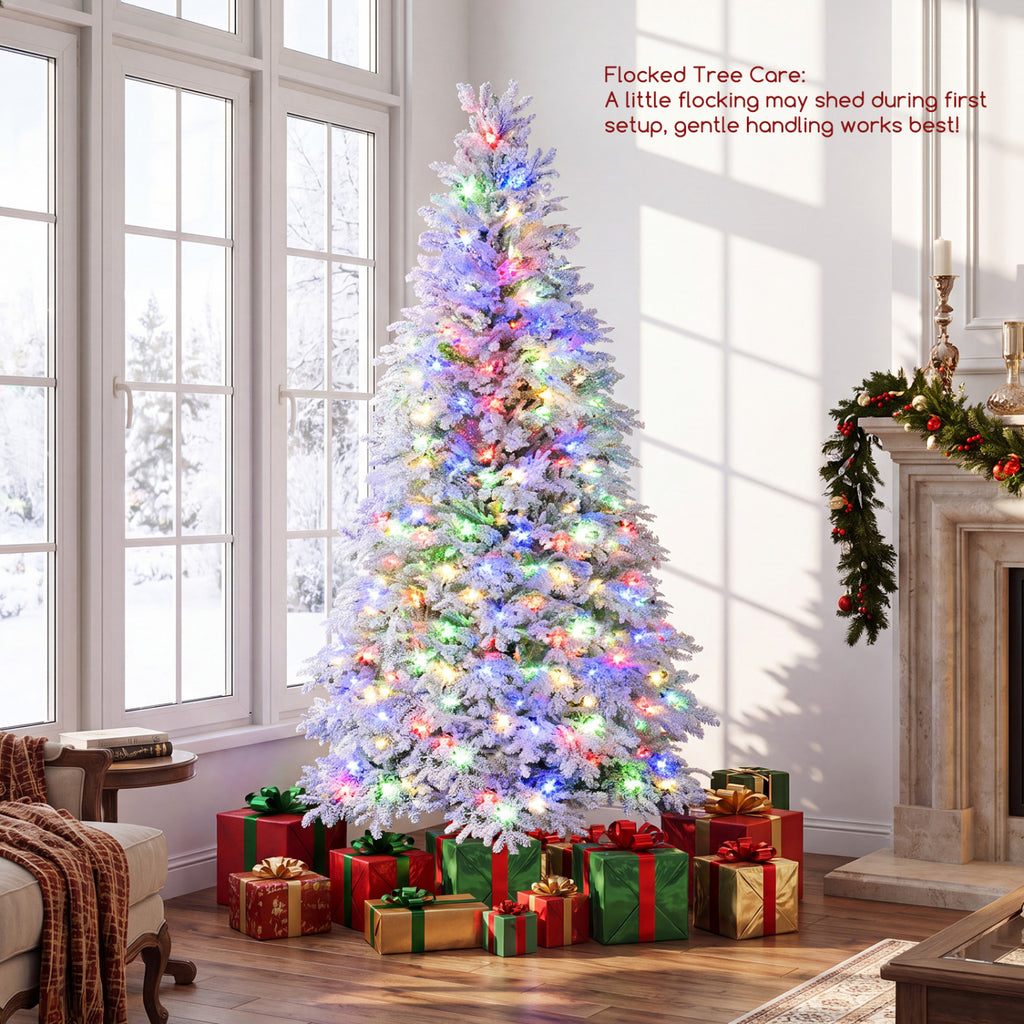 6 Ft Pre-Lit Artificial Christmas Tree with Warm White & Multicolor LED Lights - Flocked Branches, 9 Modes, Foldable Stand