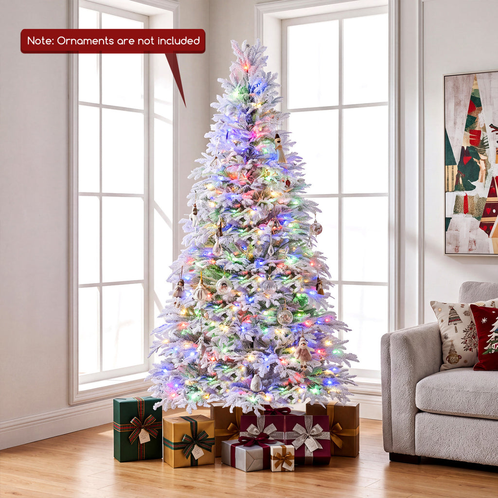 6 Ft Pre-Lit Artificial Christmas Tree with Warm White & Multicolor LED Lights - Flocked Branches, 9 Modes, Foldable Stand