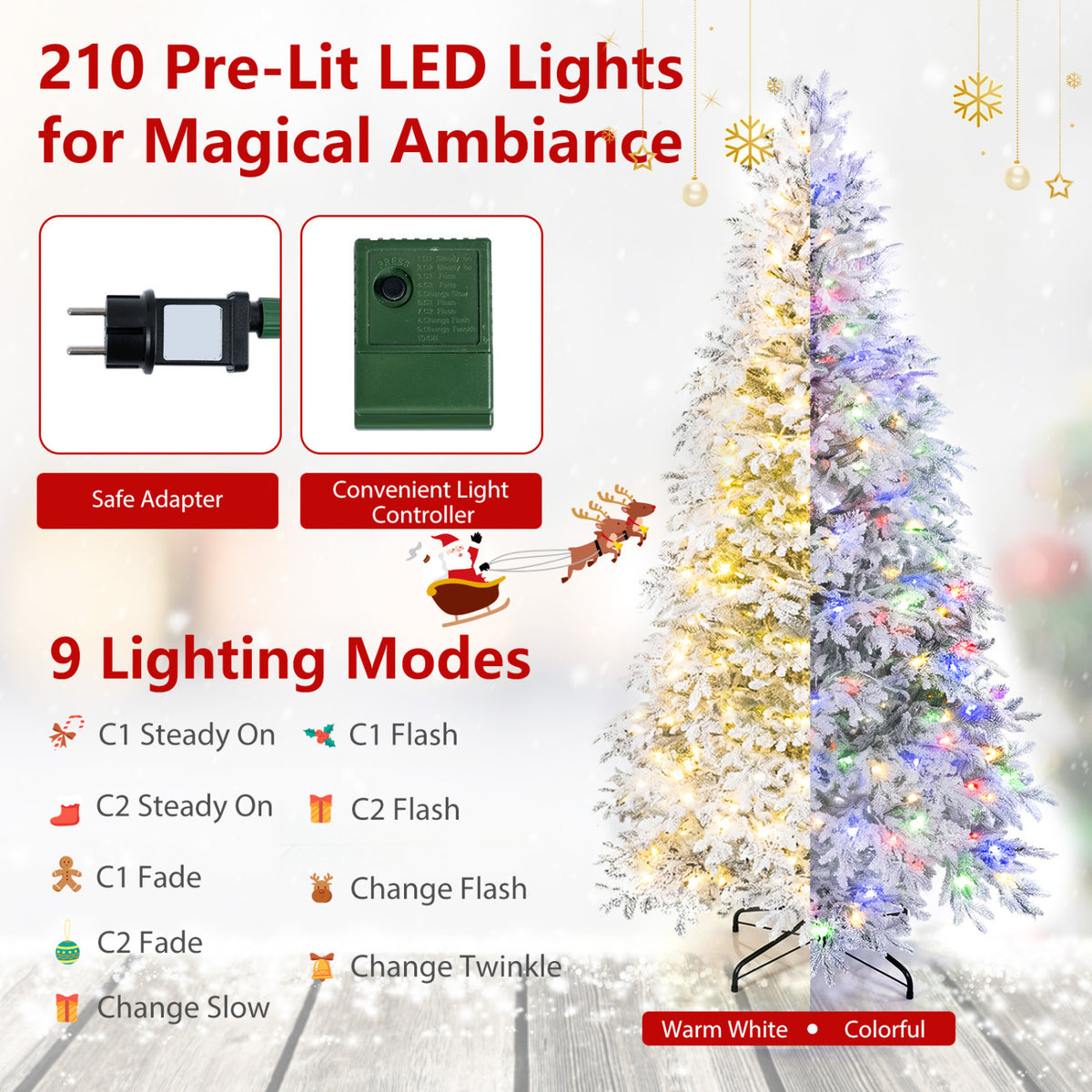 6 Ft Pre-Lit Artificial Christmas Tree with Warm White & Multicolor LED Lights - Flocked Branches, 9 Modes, Foldable Stand