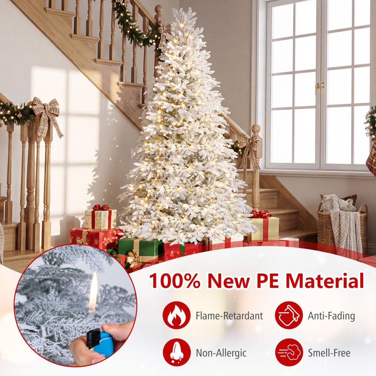 6 Ft Pre-Lit Artificial Christmas Tree with Warm White & Multicolor LED Lights - Flocked Branches, 9 Modes, Foldable Stand