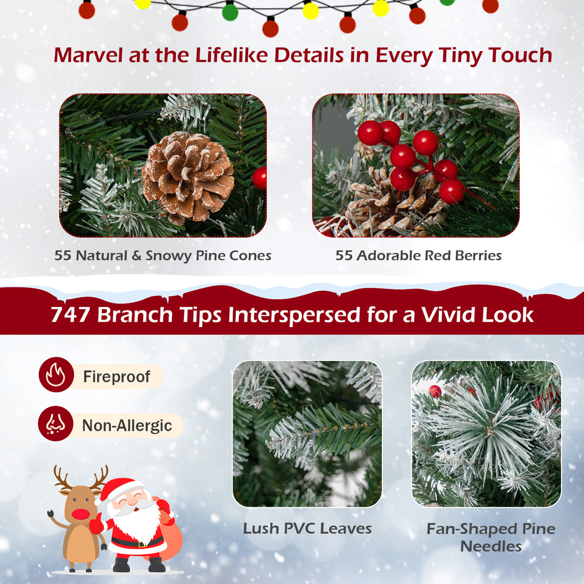 6 Feet Pre-Lit Artificial Christmas Tree with 350 LED Lights - Snowy Pine Needles