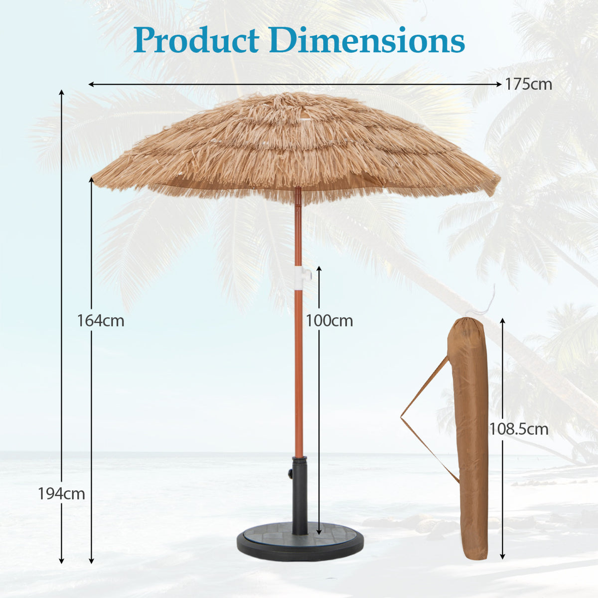 6 FT Thatched Beach Umbrella with Push Button Tilt Carrying Bag Set