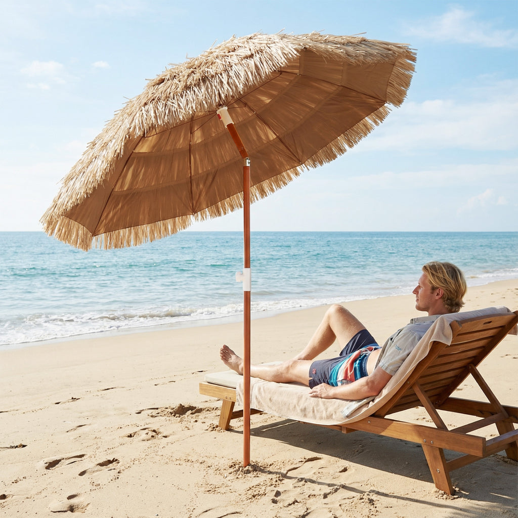 6 FT Thatched Beach Umbrella with Push Button Tilt Carrying Bag Set
