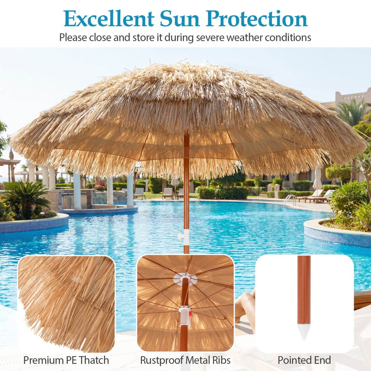 6 FT Thatched Beach Umbrella with Push Button Tilt Carrying Bag Set