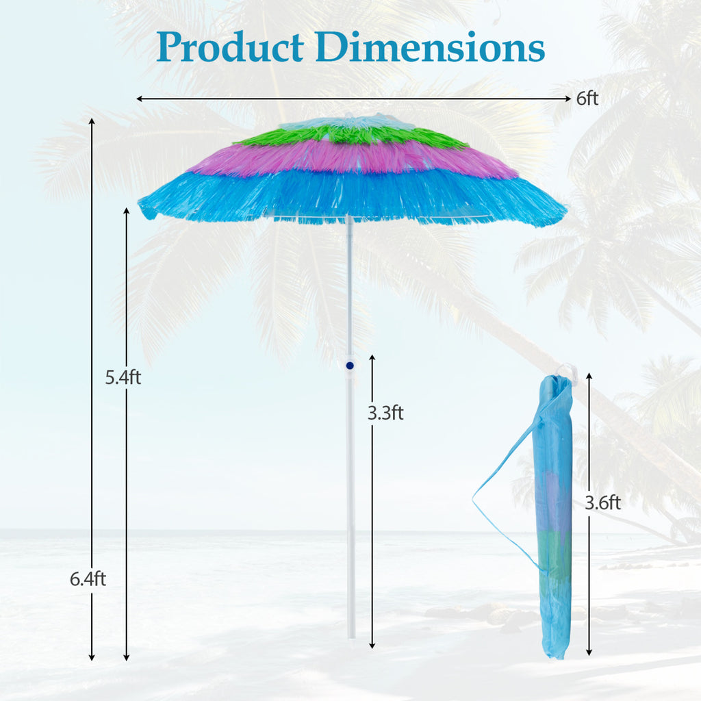 6 FT Tiki Thatched Patio Beach Umbrella with Tilt - Multicolor