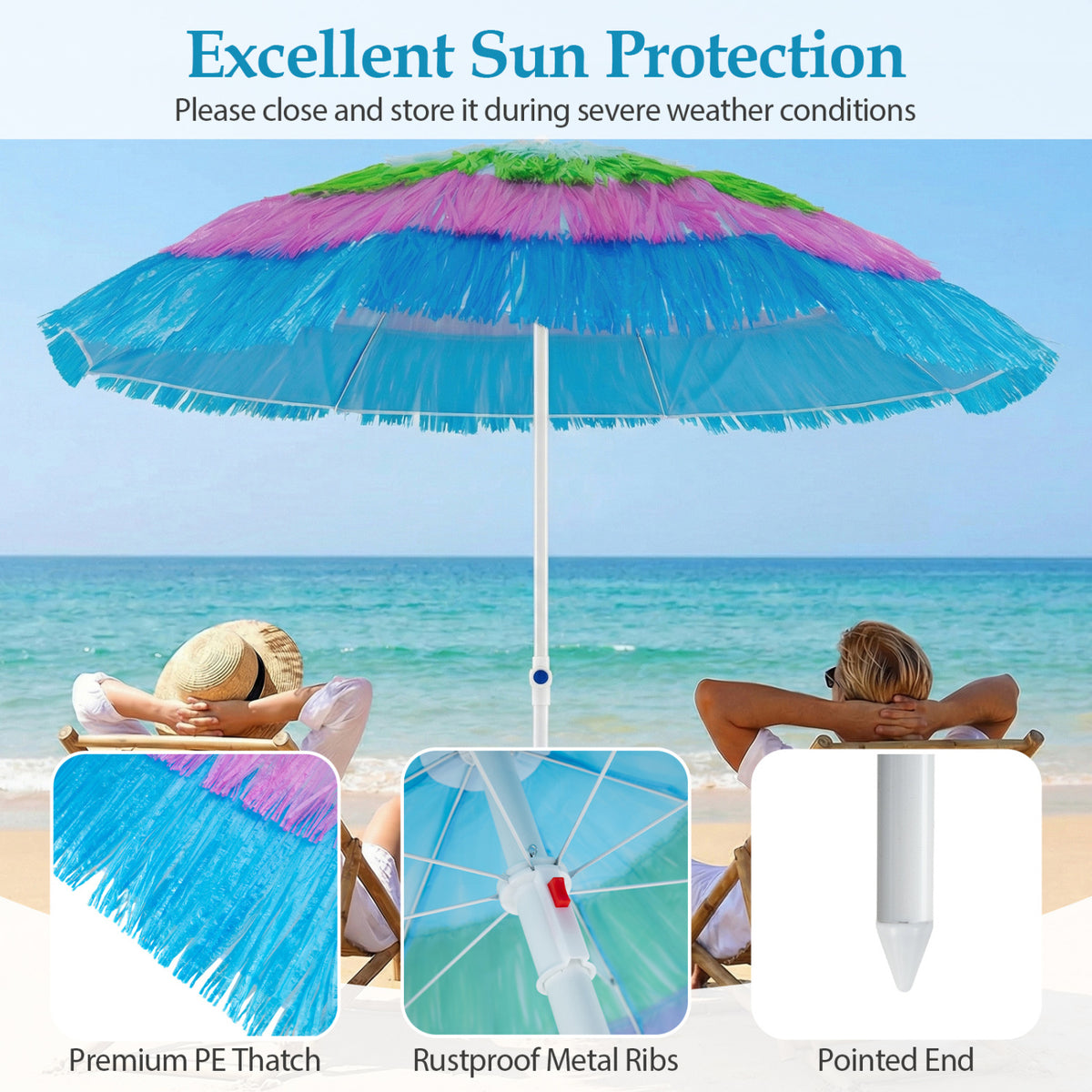 6 FT Tiki Thatched Patio Beach Umbrella with Tilt - Multicolor