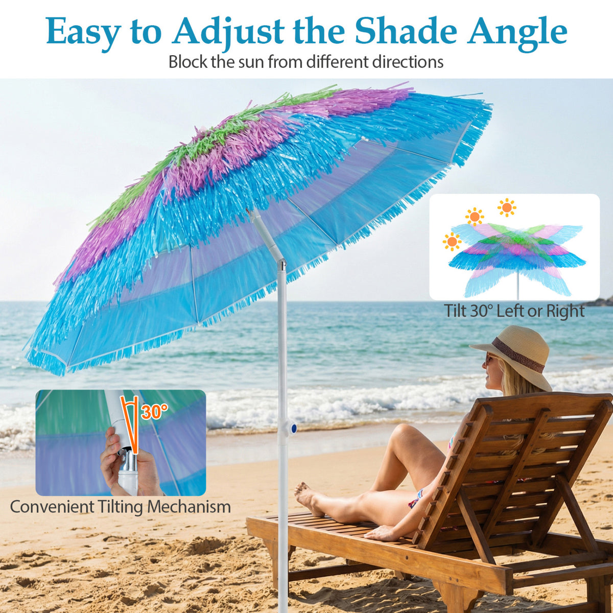 6 FT Tiki Thatched Patio Beach Umbrella with Tilt - Multicolor