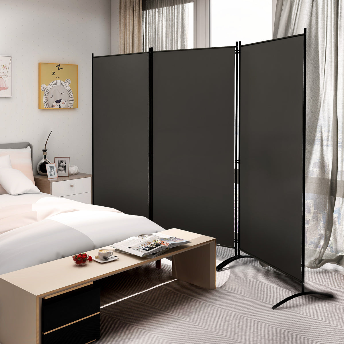 3 Panel Room Divider No Wheels Gray - Foldable, Portable Steel Privacy Screen