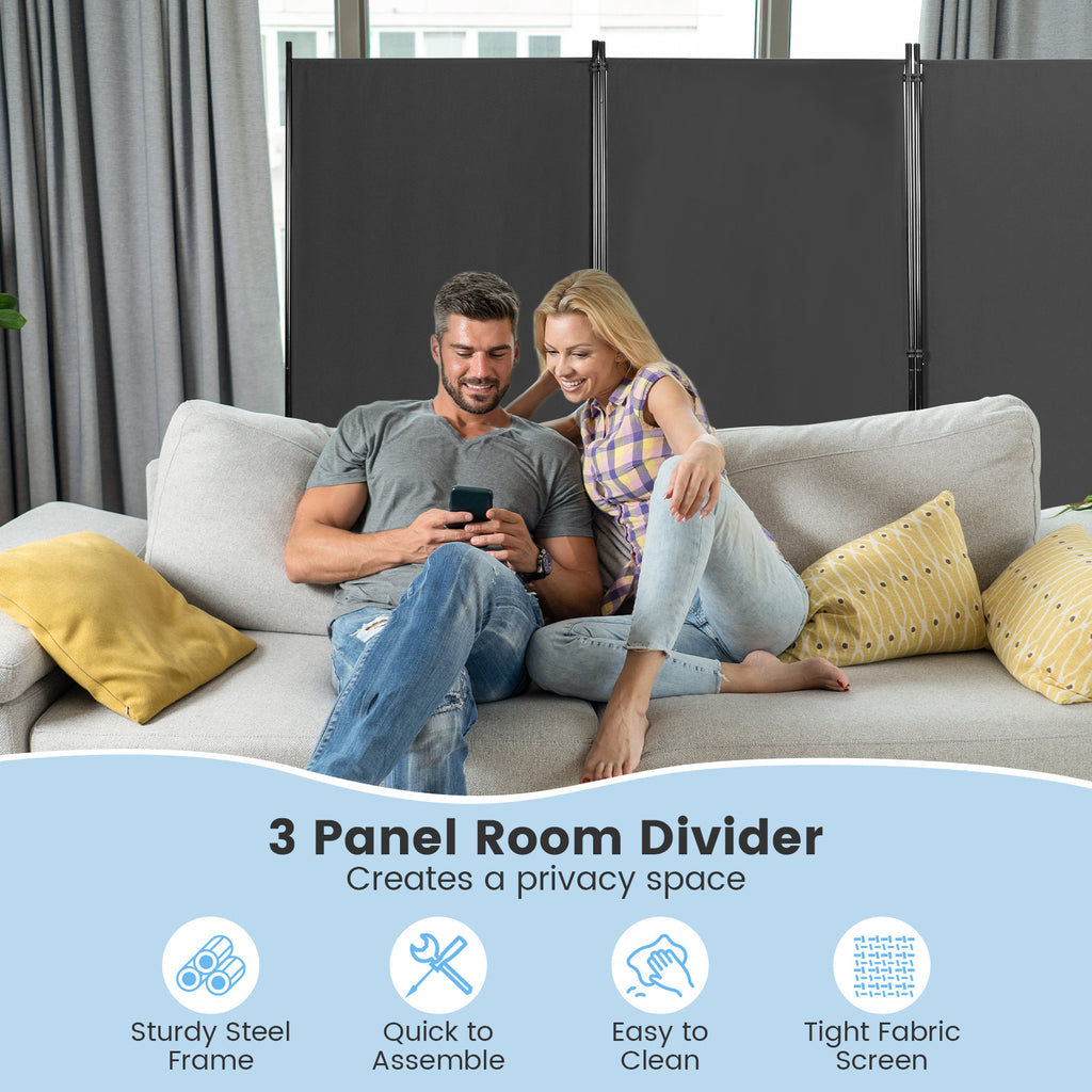 3 Panel Room Divider No Wheels Gray - Foldable, Portable Steel Privacy Screen