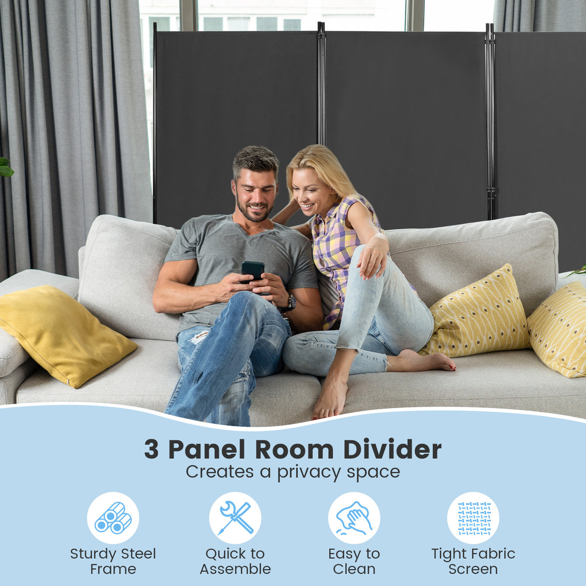 3 Panel Room Divider No Wheels Gray - Foldable, Portable Steel Privacy Screen