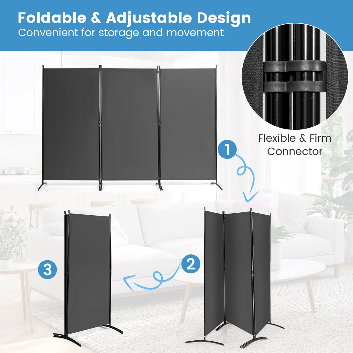 3 Panel Room Divider No Wheels Gray - Foldable, Portable Steel Privacy Screen