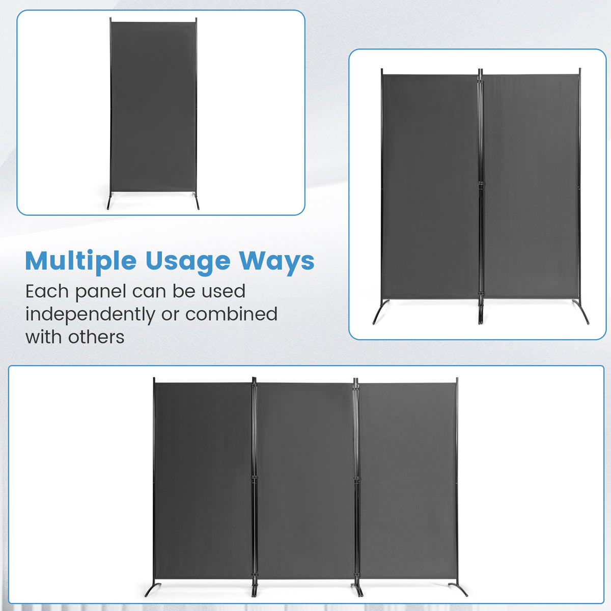 3 Panel Room Divider No Wheels Gray - Foldable, Portable Steel Privacy Screen