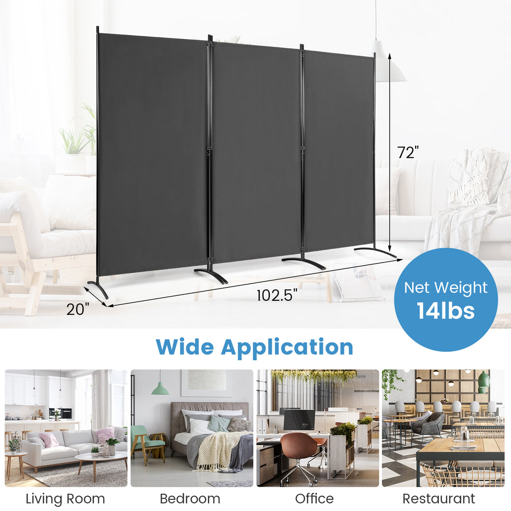 3 Panel Room Divider No Wheels Gray - Foldable, Portable Steel Privacy Screen