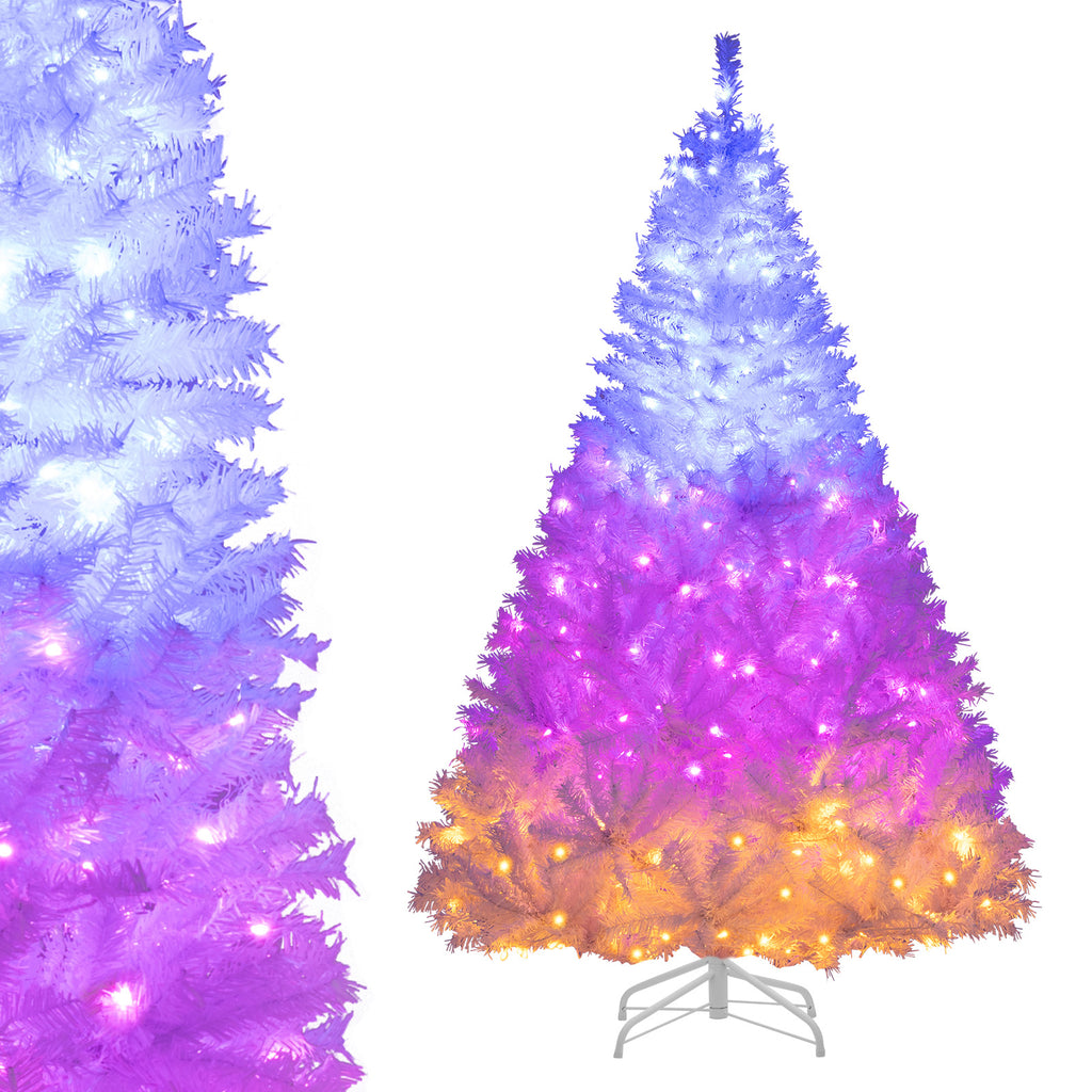 6/7 Feet Artificial Christmas Tree Hinged Pre-Lit Xmas Tree with 11 Lighting Modes - Costway