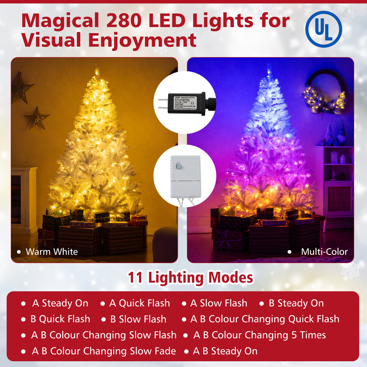 6/7 Feet Artificial Christmas Tree Hinged Pre-Lit Xmas Tree with 11 Lighting Modes - Costway